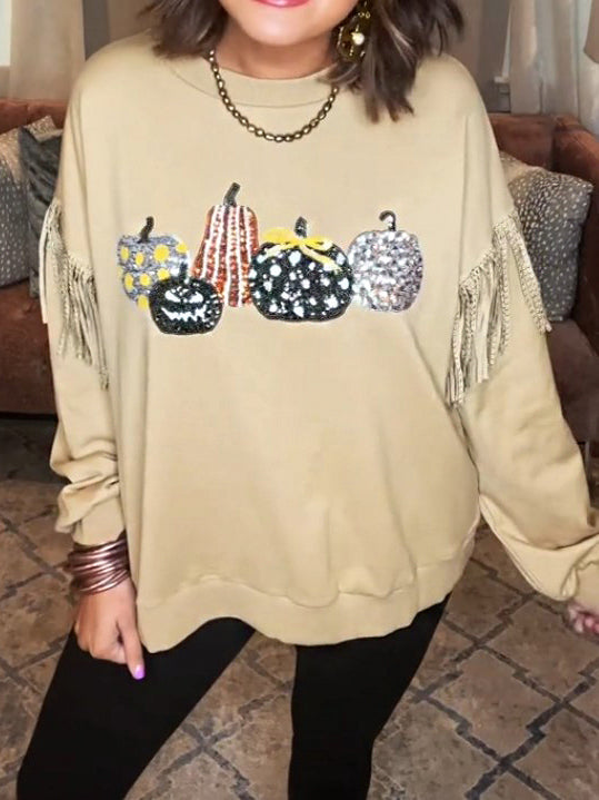 Sequin Pumpkin Sequin Sleeve Casual Pullover Tops