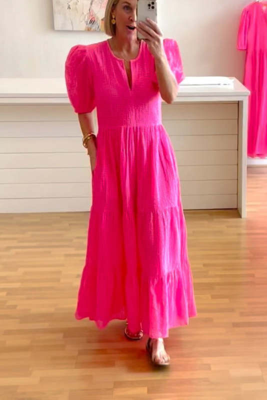 Hot Pink Cotton Nylon Puff Sleeve Maxi Dress