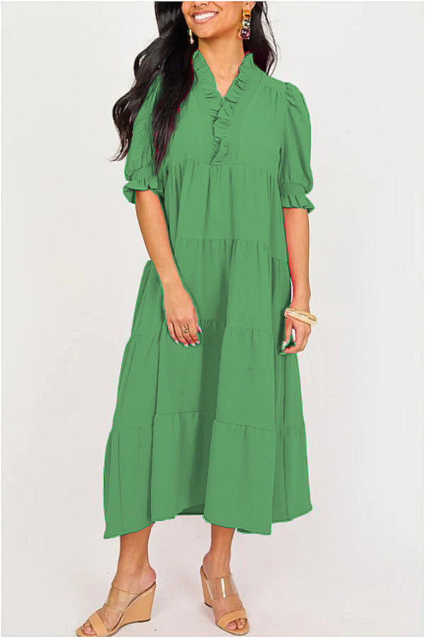 V Neck Ruffle MiDi Dress