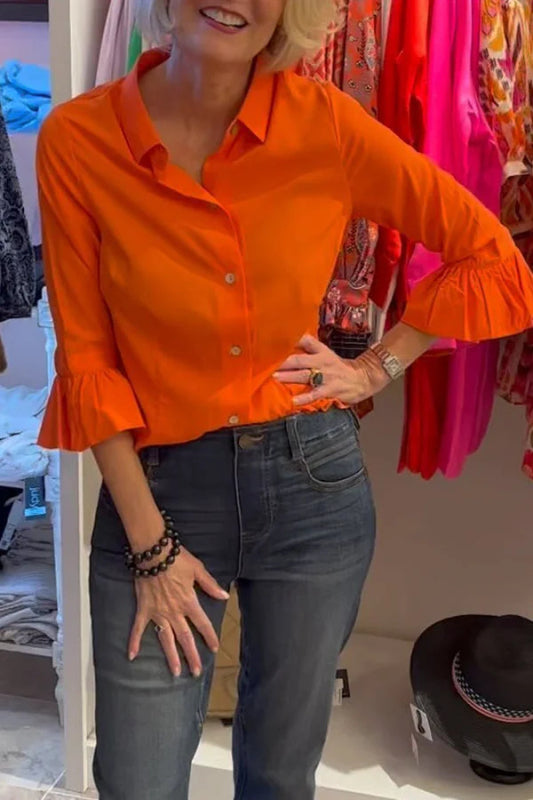 Women's Casual Orange Ruffled Button-Down Shirt