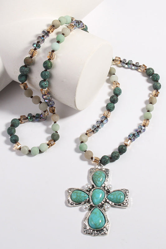 Bohemian natural semi-precious stone cross necklace