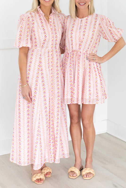 Pink Short Puff Sleeve Floral Shirt Dress