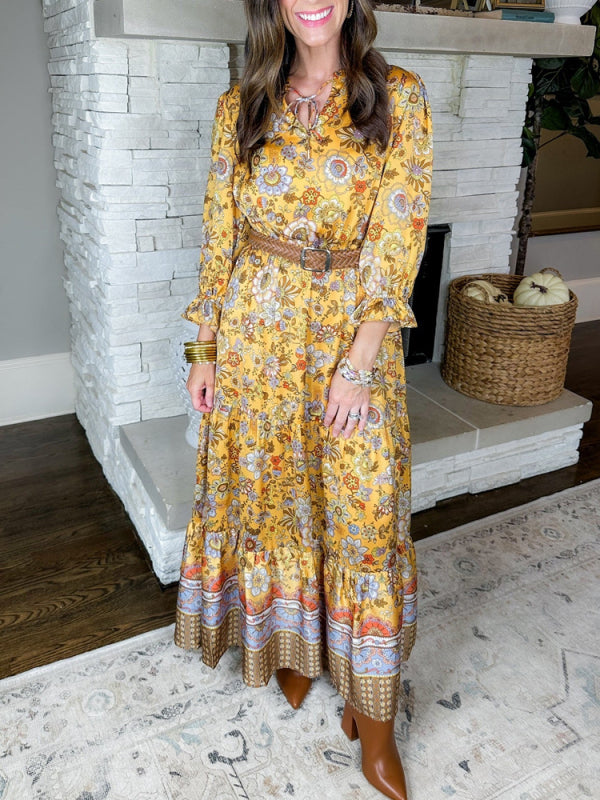 Satin Floral Tie Neck Elastic Waist Tiered Maxi Dress