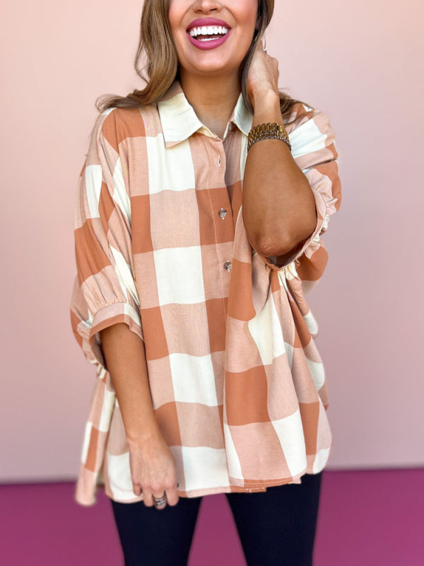 Checkered Button Up Half-sleeve Top