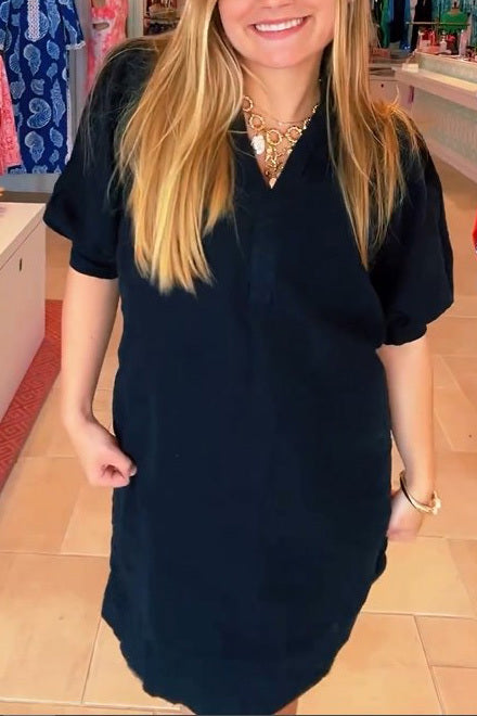 Pink Elbow Sleeve Linen Dress