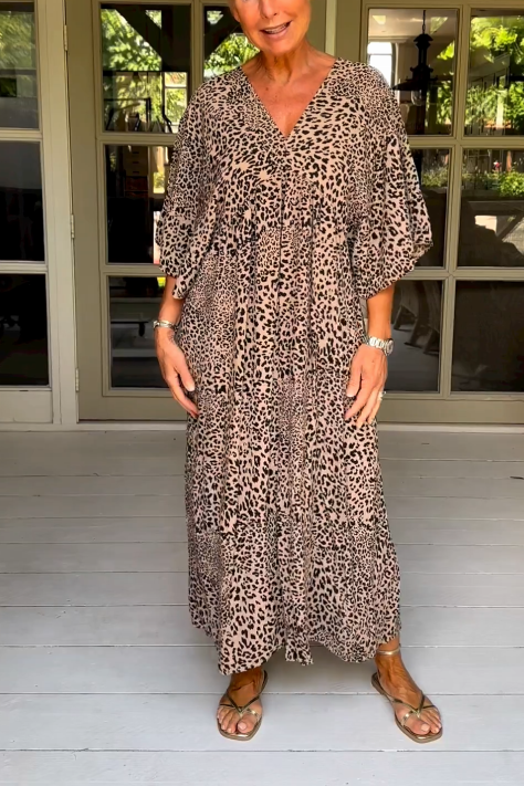 V Neck Vintage Leopard Print Casual Dress