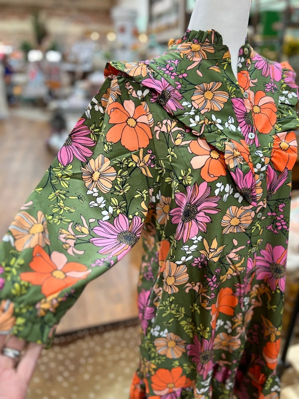 Olive Green Floral Mini Dress