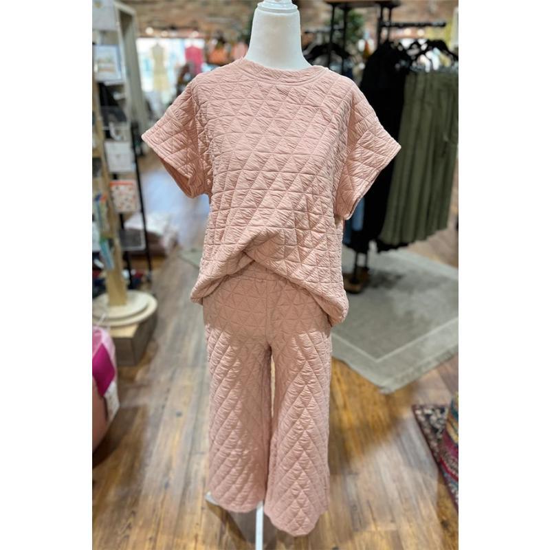 Casual quilted crew neck short-sleeved top & trousers two-piece set