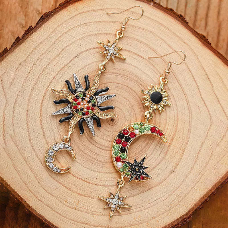 Asymmetric Sun Diamond Alloy Long Earrings