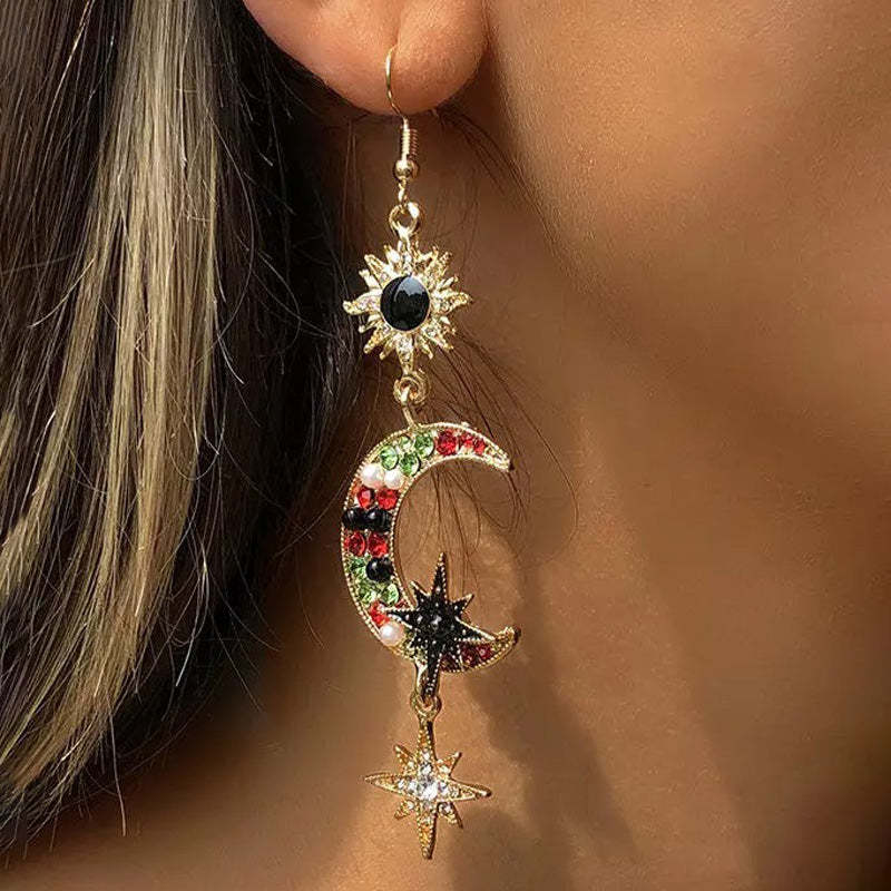 Asymmetric Sun Diamond Alloy Long Earrings
