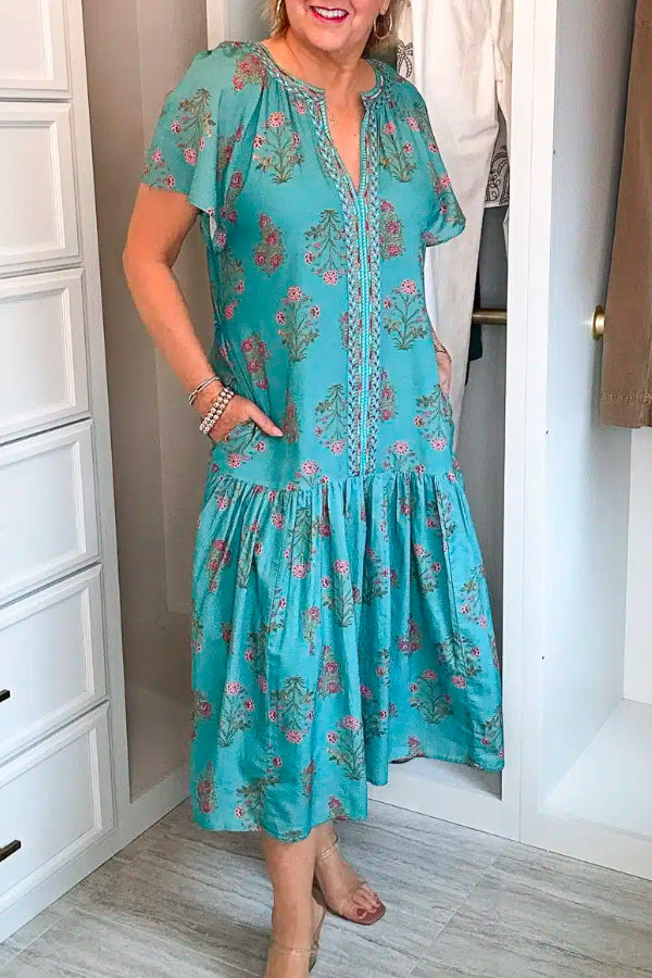 Green V-Neck Floral Midi Dress