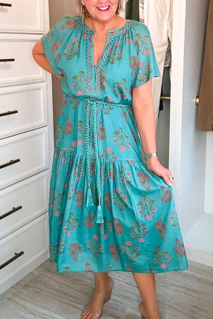 Green V-Neck Floral Midi Dress