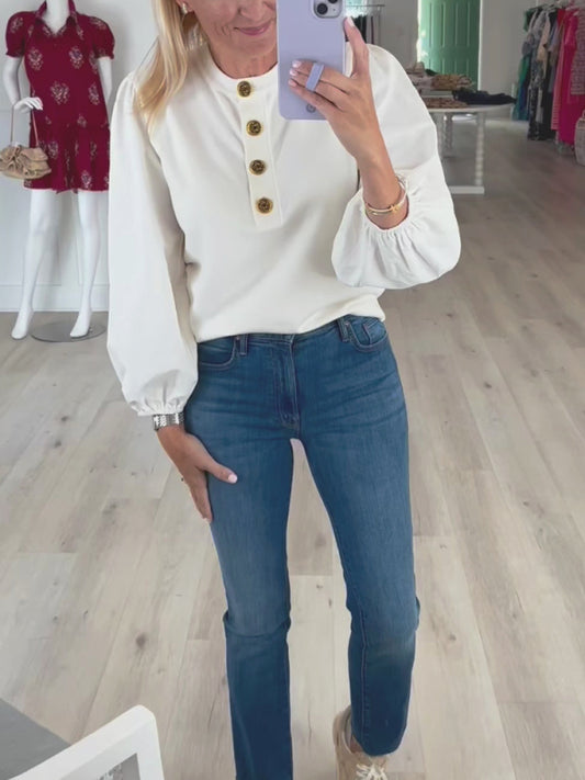 Cream Long Sleeve Knit with Poplin Sleeves Blouse