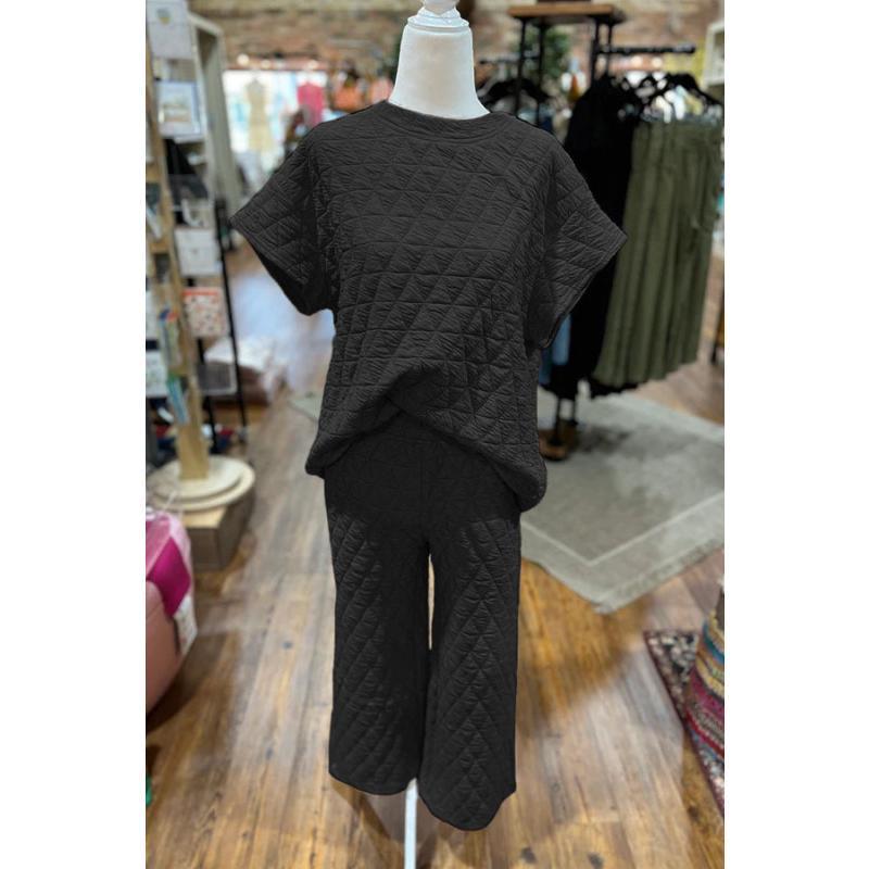 Casual quilted crew neck short-sleeved top & trousers two-piece set