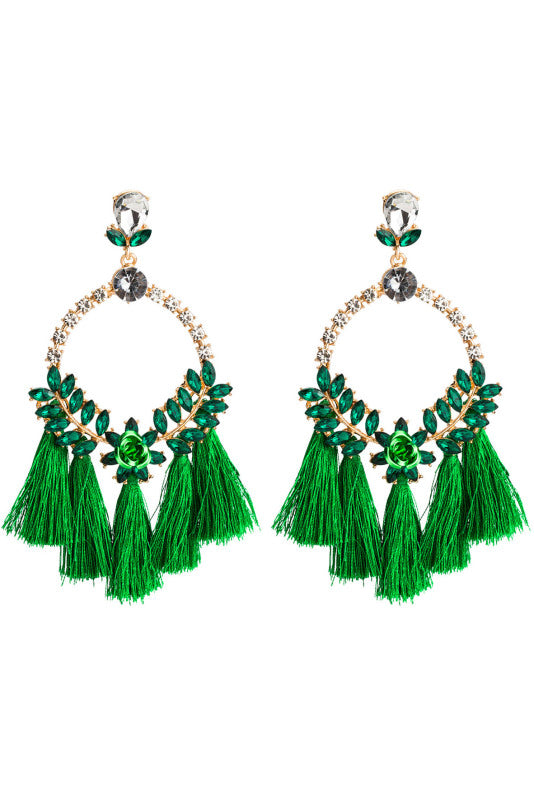 Green Floral Tassel Earrings