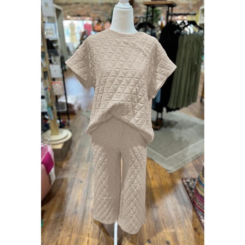 Casual quilted crew neck short-sleeved top & trousers two-piece set