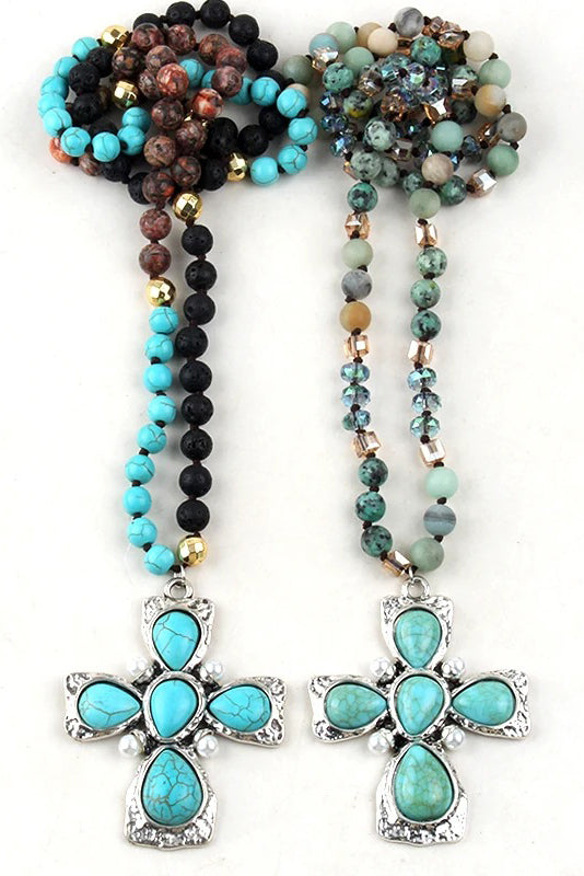 Bohemian natural semi-precious stone cross necklace