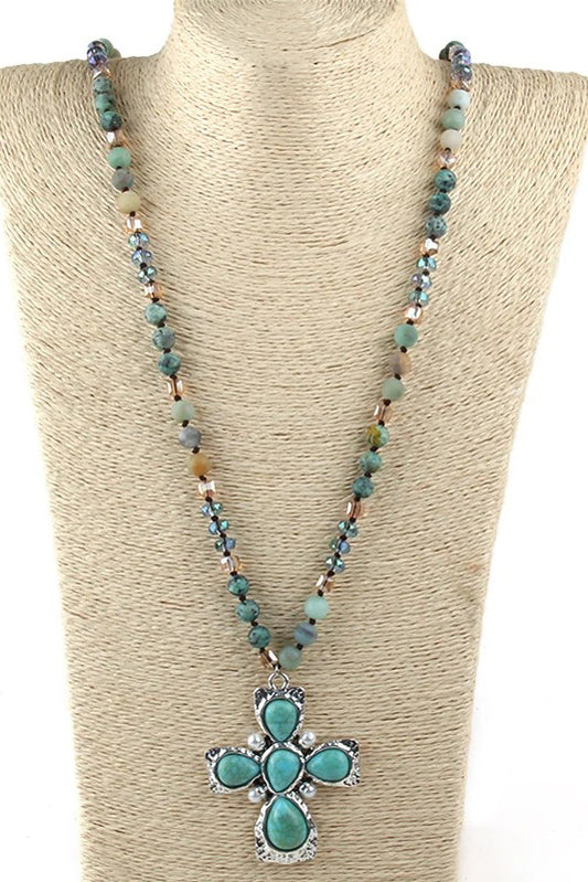 Bohemian natural semi-precious stone cross necklace