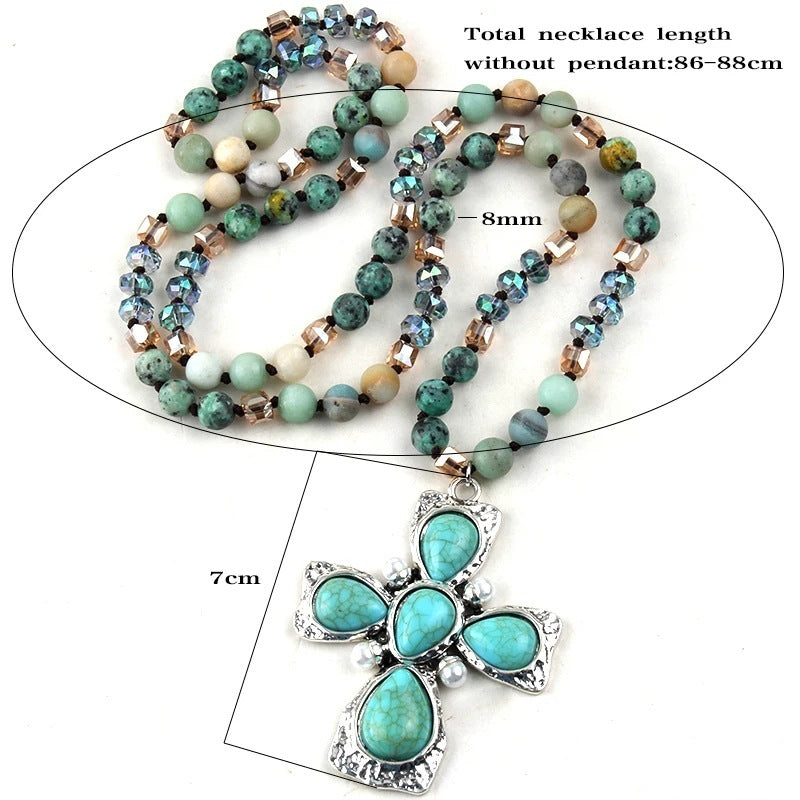 Bohemian natural semi-precious stone cross necklace