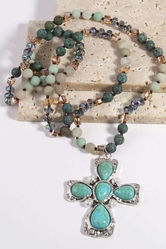 Bohemian natural semi-precious stone cross necklace
