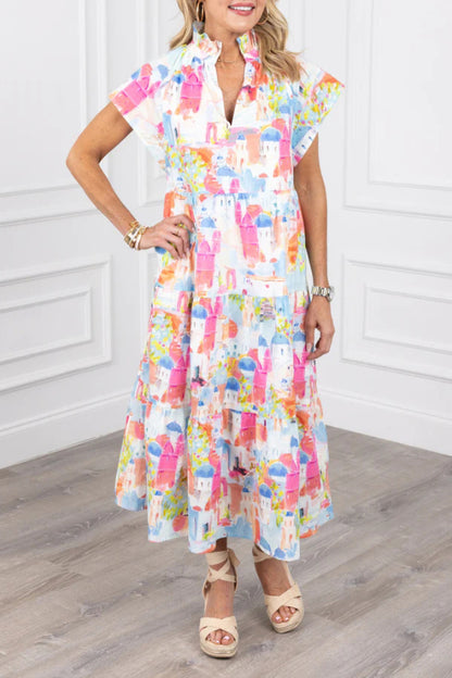 Lsa Colorful House Print Midi Dress