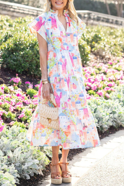 Lsa Colorful House Print Midi Dress