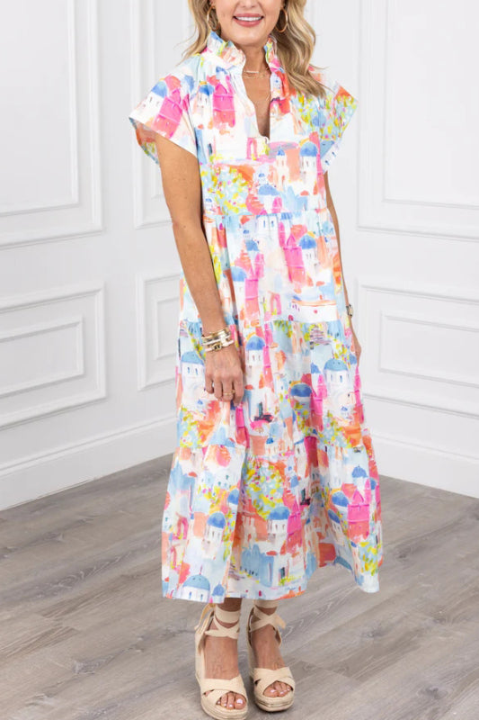 Lsa Colorful House Print Midi Dress