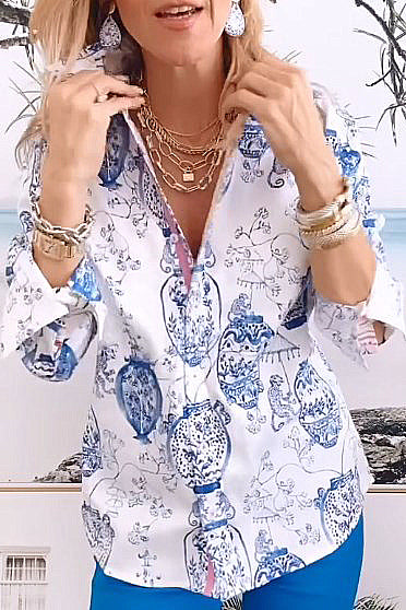 Retro blue printed long sleeve shirt