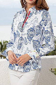Retro blue printed long sleeve shirt