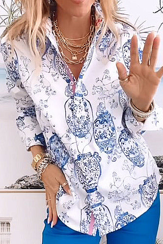 Retro blue printed long sleeve shirt