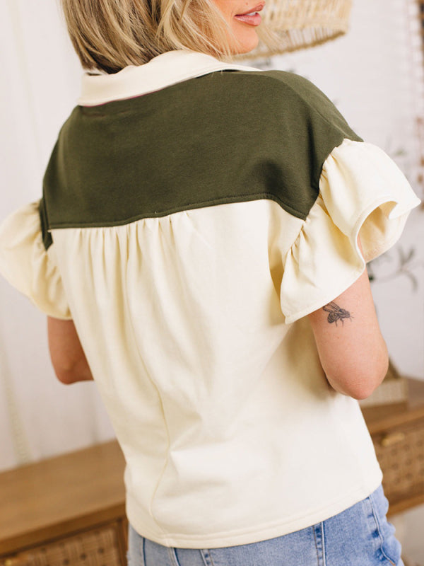 Summer knitted contrasting ruffle sleeve top