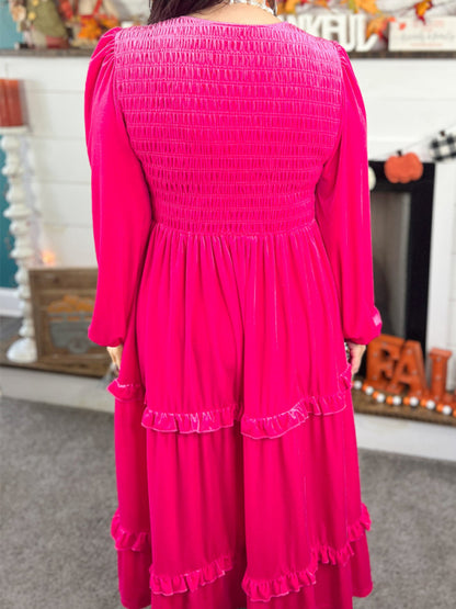 Hot Pink Velvet Midi Dress