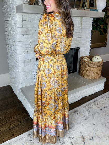 Satin Floral Tie Neck Elastic Waist Tiered Maxi Dress