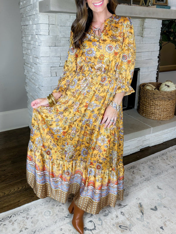 Satin Floral Tie Neck Elastic Waist Tiered Maxi Dress