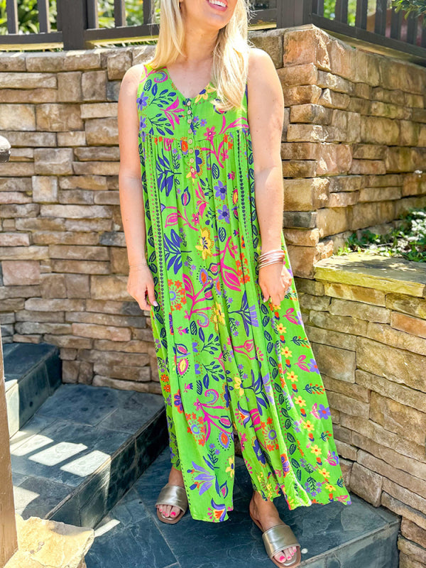 Vintage floral print loose sleeveless jumpsuit