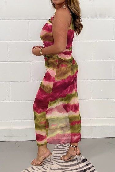 Pink/Olive Mesh One Shoulder Maxi Dress