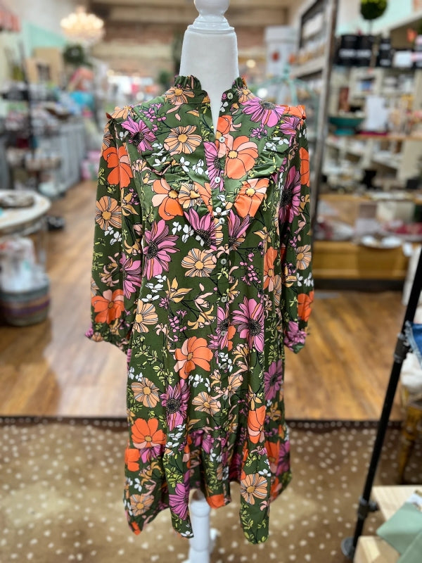 Olive Green Floral Mini Dress