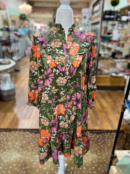 Olive Green Floral Mini Dress