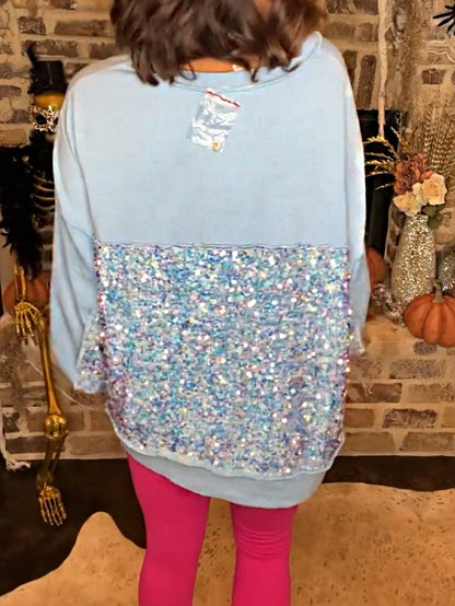 Sequin Puff Sleeve Casual Pullover Tops