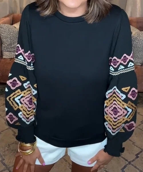 MULTI CROCHET KNIT BELL SLEEVE SWEATER