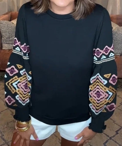 MULTI CROCHET KNIT BELL SLEEVE SWEATER