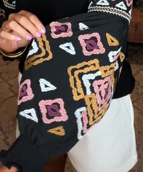 MULTI CROCHET KNIT BELL SLEEVE SWEATER