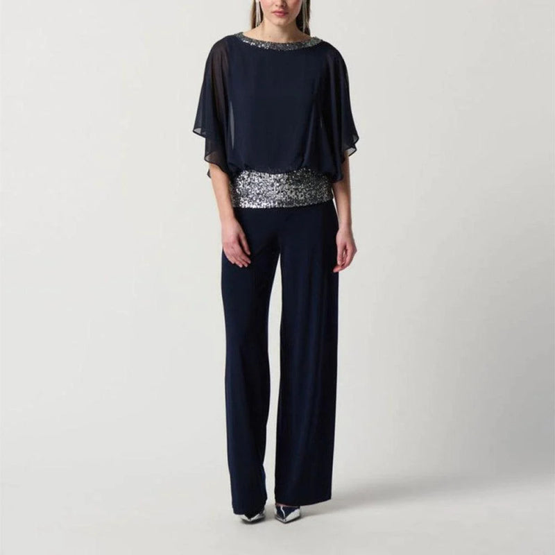 Sequined color block bat shirt wide leg pants suit