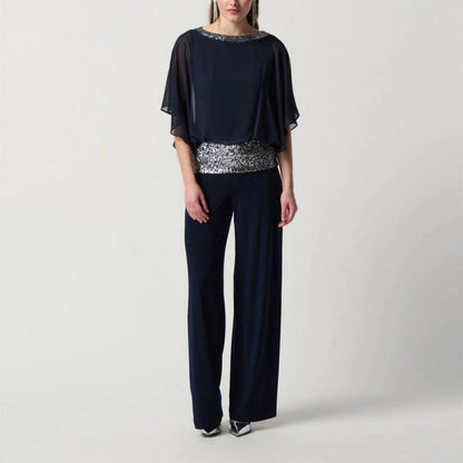 Sequined color block bat shirt wide leg pants suit