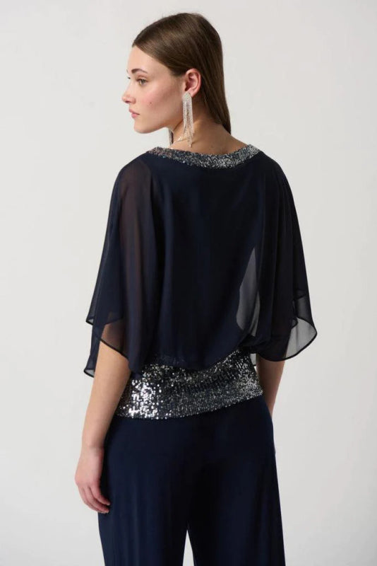 Sequined color block bat shirt wide leg pants suit