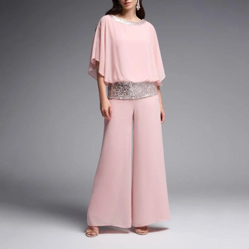 Sequined color block bat shirt wide leg pants suit