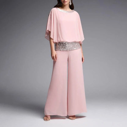 Sequined color block bat shirt wide leg pants suit
