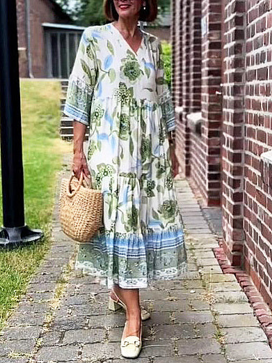 Printed V-neck loose long-sleeved dress