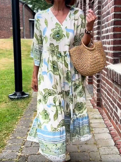 Printed V-neck loose long-sleeved dress